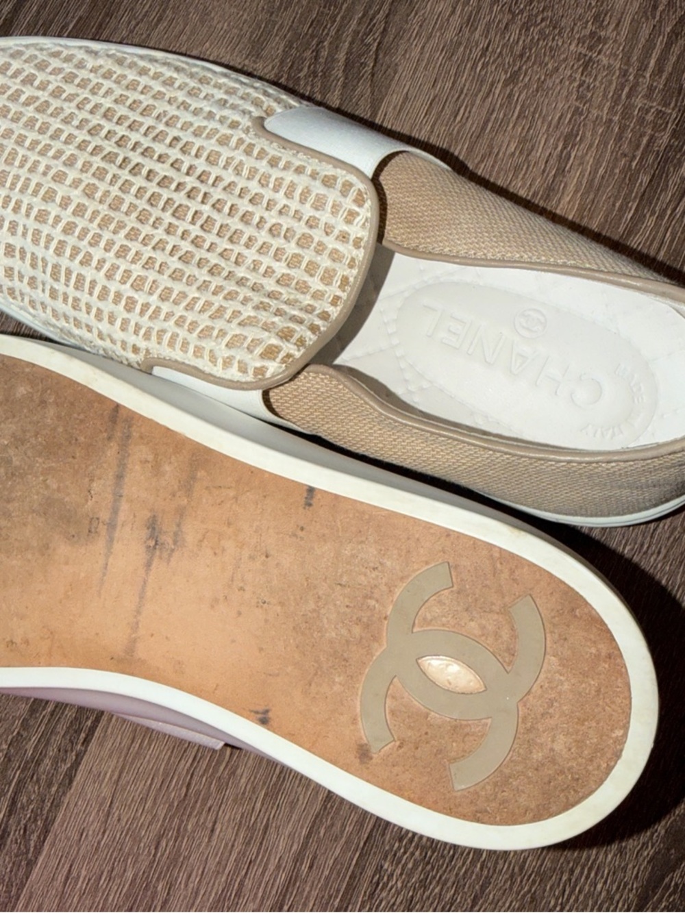 CHANEL Beige and White Woven Slip-On Shoes